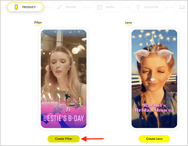 Kliknite Ustvari filter, da nastavite geofilter Snapchat za vaš dogodek.