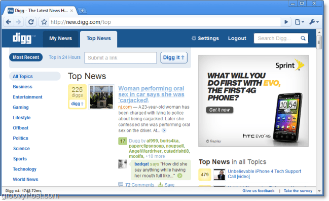 Digg top news na novem zaslonu Digg