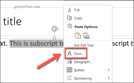 Dostop do menija Možnosti pisave v programu PowerPoint v sistemu Windows prek pojavnega menija z možnostmi