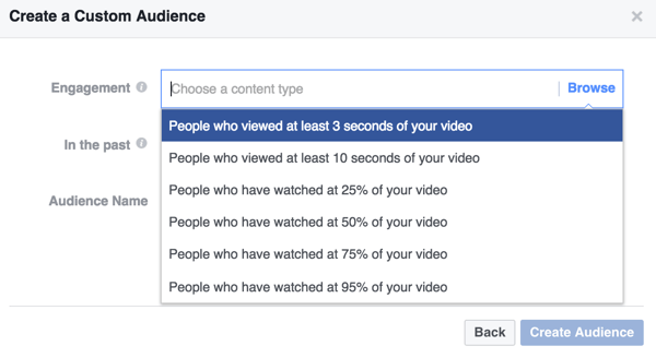 Izberite merila za sodelovanje za svojo ciljno skupino videoposnetkov na Facebooku.