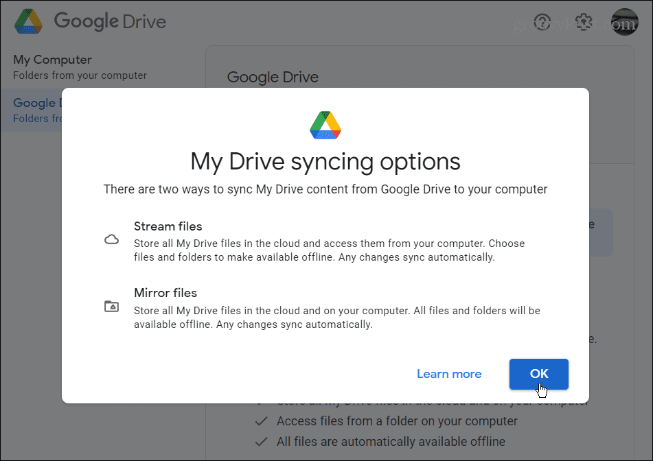 Nastavitve sinhronizacije Google Drive