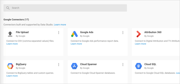 V Google Data Studio uvozite tri vrste priključkov: Google Connectors, Partners Connectors in Open Source Connectors.