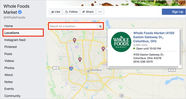 Klik na zavihek Lokacije na Facebook strani razkrije posamezne lokacije na zemljevidu. 