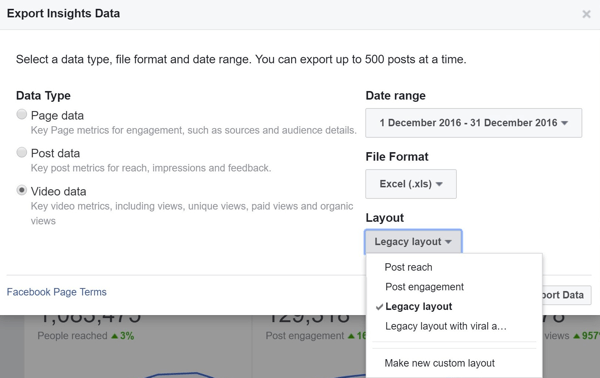 Ko izvozite datoteko Facebook Video Data, morate izbrati postavitev, ki jo želite prenesti.