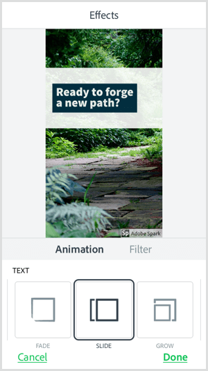 Z mobilno aplikacijo Adobe Spark Post izberite možnost besedilne animacije.