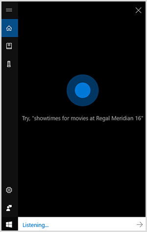 Cortana, pogovorni vmesnik sistema Windows, je črno navpično polje z modro piko v sredini. Belo polje na dnu pomeni, da naprava Windows posluša.