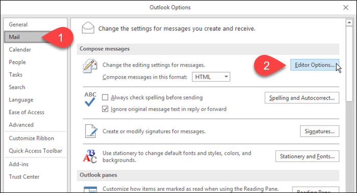 V programu Outlook kliknite Pošta in nato Možnosti urejevalnika