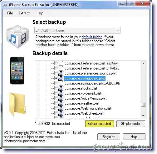 iPhone Backup Extractor izberite apple odskočna deska .plist