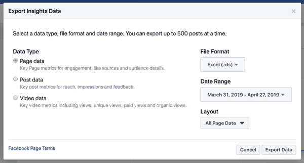 Izvozite svoje podatke Facebook Insights, da poenostavite analizo podatkov.