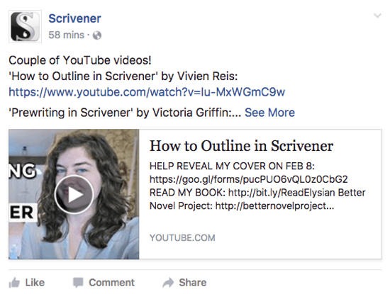 Scrivener na svoji Facebook strani deli videoposnetek v YouTubu, ki bi bil uporabnikom morda všeč.