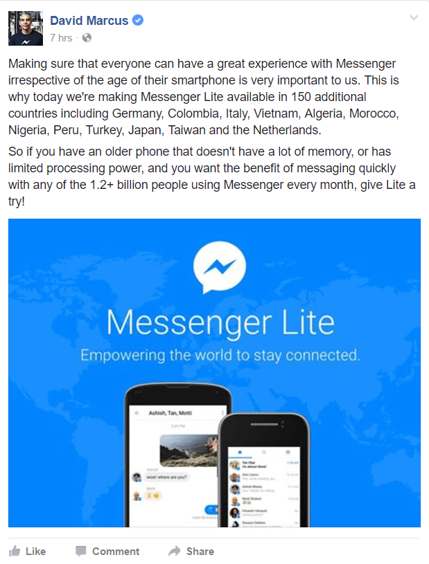 Facebook Messenger Lite je zdaj na voljo v več državah po svetu.