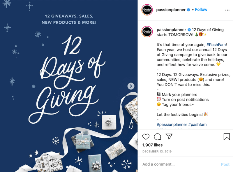 primer instagram nagradnega natečaja za 12 dni obdarovanja od @passionplanner, ki naznanja, da se darilo začne naslednji dan