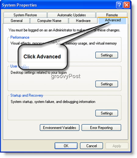 Lastnosti sistema Napredne nastavitve Windows XP