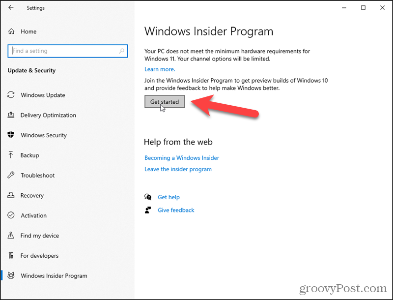 Kliknite Začni za program Windows Insider