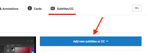 Odprite svoj video v YouTubu v programu Video Creator in kliknite Dodaj nove podnapise ali CC.