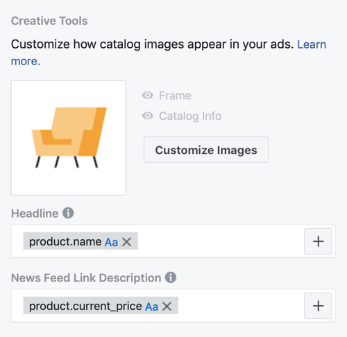 Uporabite orodje za nastavitev dogodka Facebook, korak 30, možnosti menija, da prilagodite način prikaza kataloških slik v Facebook oglasih