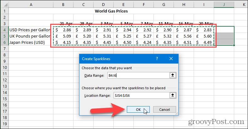 Ustvari pogovorno okno Sparklines v Excelu