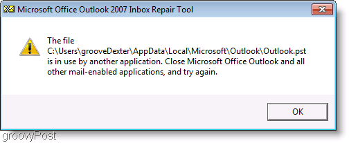 Posnetek zaslona - Okno sporočil o popravilu programa Outlook 2007 ScanPST