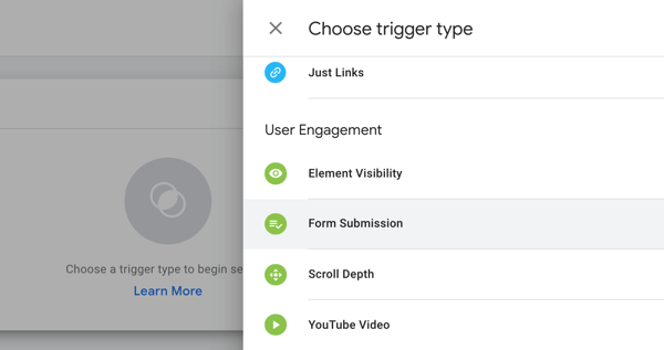 Uporabite Google Tag Manager s Facebookom, korak 19, možnosti menija, da izberete vrsto sprožilca v Google Tag Manager