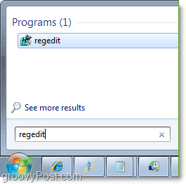 dostop regedit v operacijskem sistemu Windows 7 iz menija Start
