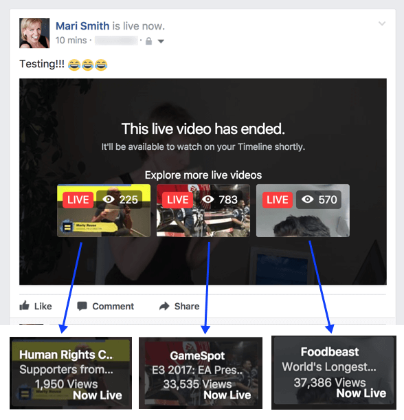 Zdi se, da Facebook eksperimentira z novo funkcijo, ki predlaga povezane videoposnetke v živo po koncu oddaje.
