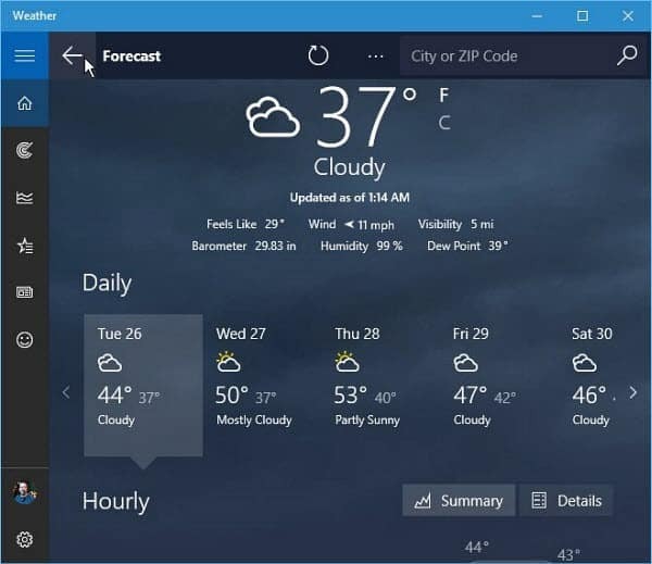 Vremenska aplikacija za Windows 10