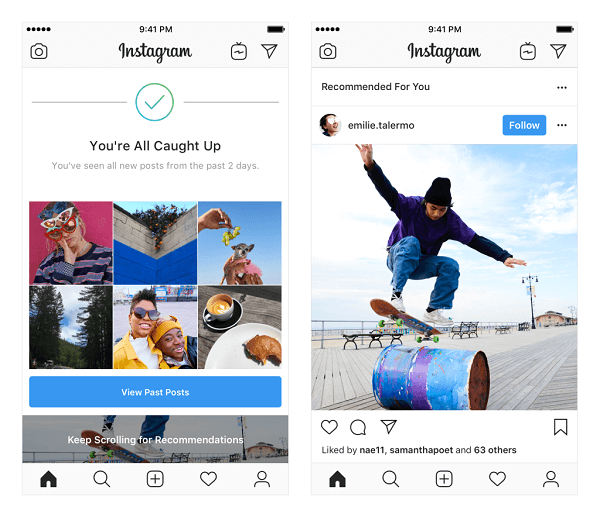 Instagram preizkuša priporočene objave v viru. Ta priporočila temeljijo na osebah, ki jih spremljate, ter fotografijah in videoposnetkih, ki so vam všeč, in bodo prikazana na koncu vira, ko boste videli vse novo od oseb, ki jih spremljate.
