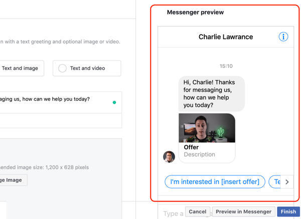 Kako ciljati na tople potencialne stranke z oglasi Facebook Messenger, korak 14, predogled predloge po meri za messenger