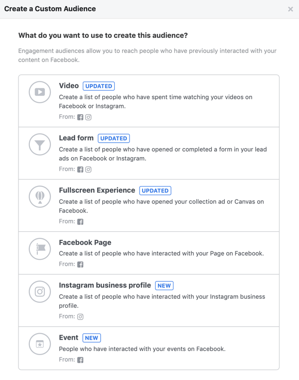 Možnosti, kaj želite uporabiti za ustvarjanje te ciljne skupine za vaše ciljno občinstvo na Facebooku.