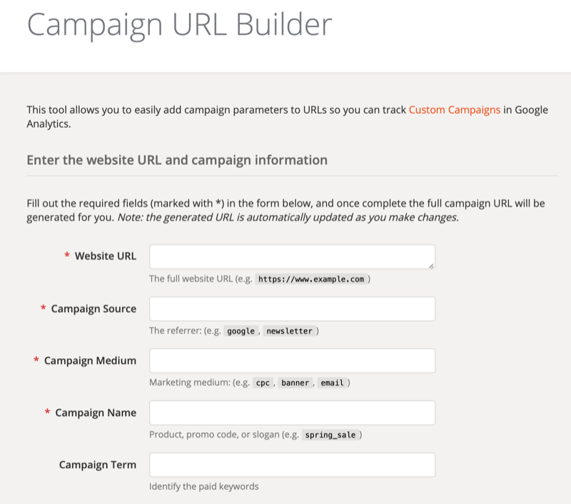 Zaslon za nastavitev orodja Google Analytics Campaign URL Builder