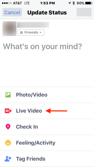 V posodobitvi stanja na Facebooku tapnite Video v živo.