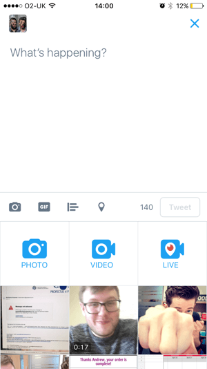 Sestavite nov tvit in tapnite ikono v živo.