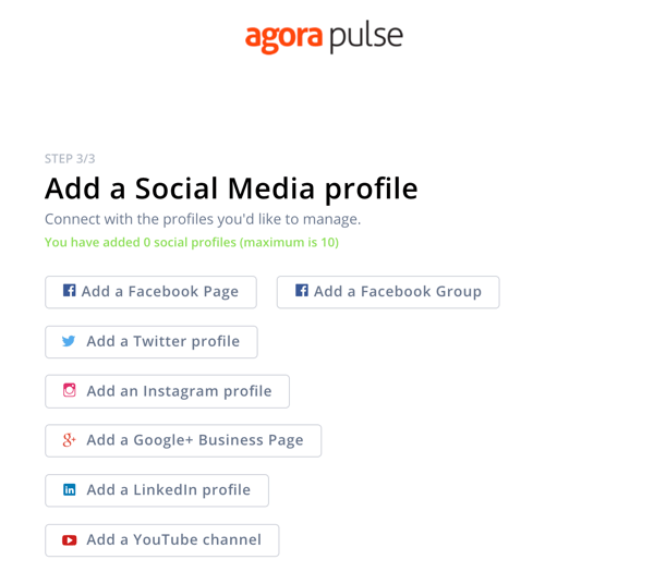 Kako uporabljati Agorapulse za poslušanje v družabnih omrežjih, korak 1 dodajte socialni profil.