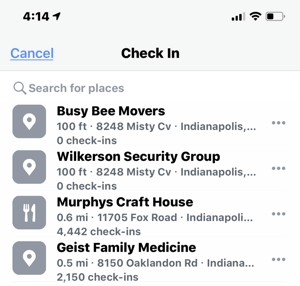 Primer prijavnih lokacij za bližnja podjetja na Facebooku.