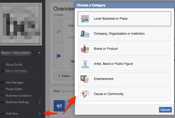 facebook stran izberite poslovno kategorijo