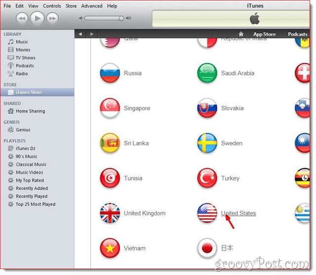 iTunes - Kliknite zastavo Združene države