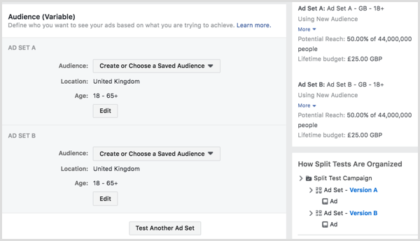 Delite preizkus prikazovanja oglasov na Facebooku za dve ali več ciljnih skupin.