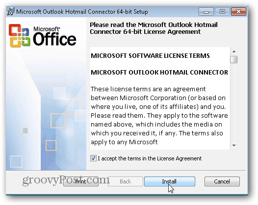 Outlook.com Outlook Hotmail Connector - Kliknite Namestitev