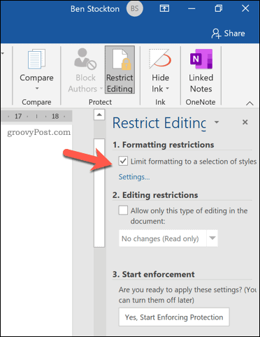 Možnost omejitve oblikovanja v programu Microsoft Word