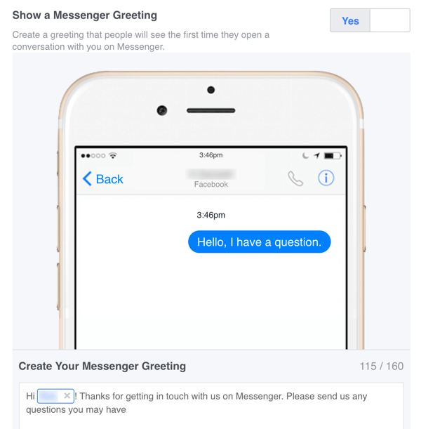 Pozdravno sporočilo po meri za Facebook Messenger lahko nastavite v nastavitvah.