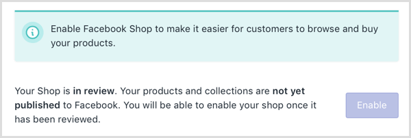 Shopify prikaže spletno sporočilo, da je vaša Facebook trgovina v pregledu.