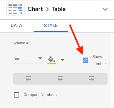 Uporabite Google Data Studio za analizo oglasov na Facebooku, korak 23, možnost prikaza številke za vsako meritev