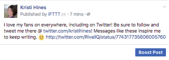 Takole je videti všečkan tweet, ki ga prek IFTTT daste na svojo Facebook stran.