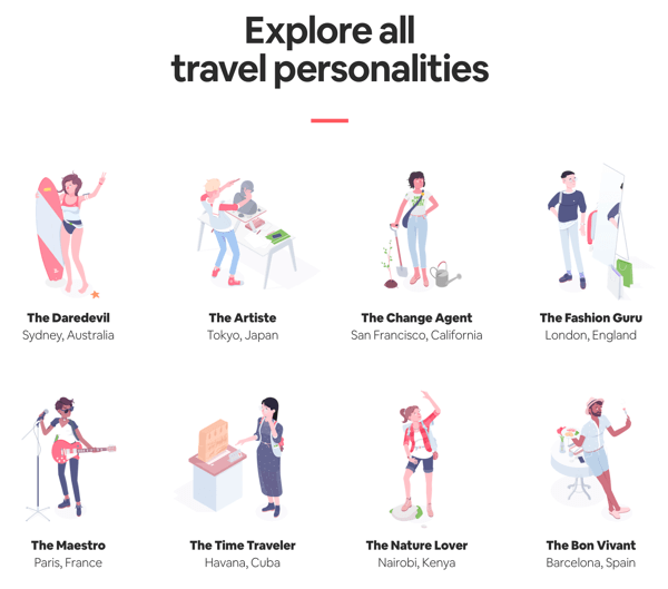 Primer strani z vsemi rezultati z rezultati, ki jih lahko uporabnik razišče iz Airbnbovega kviza Travel Matcher.