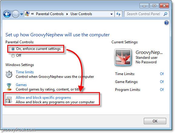 v operacijskem sistemu Windows 7 vklopite starševski nadzor za določenega uporabnika in nato dovolite in blokirajte določene programe