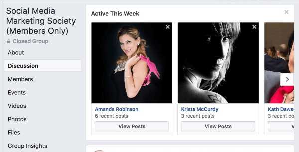 Facebook poudarja, kateri člani skupine so bili ta teden v skupini najbolj aktivni.