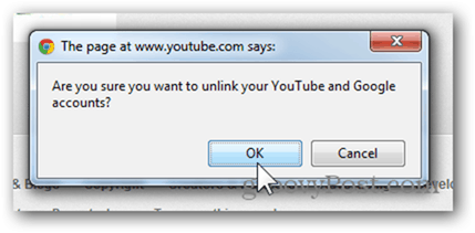 Povežite račun za YouTube z novim Google Računom - Kliknite V redu, da prekinete povezavo z računom
