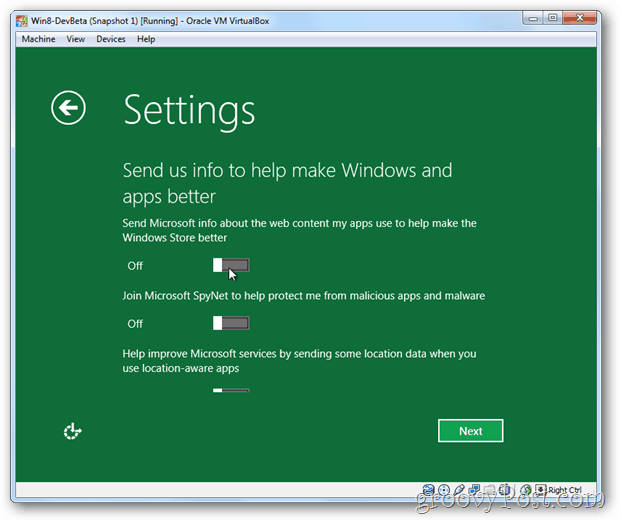 Podatki o zasebnosti VirtualBox za Windows 8 do Microsofta