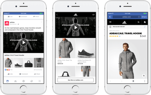 Z novo obliko oglasov v zbirki Facebook lahko blagovne znamke predstavljajo primarni videoposnetek ali sliko, ki vodi do izjemne, hitro nalagajoče se nakupovalne izkušnje na Facebooku. 