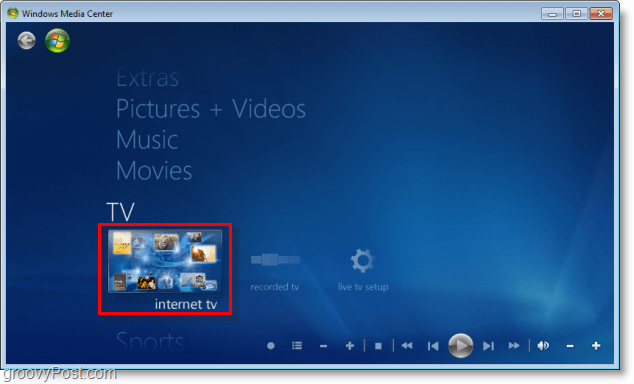 Windows 7 Media Center - kliknite internetno televizijo